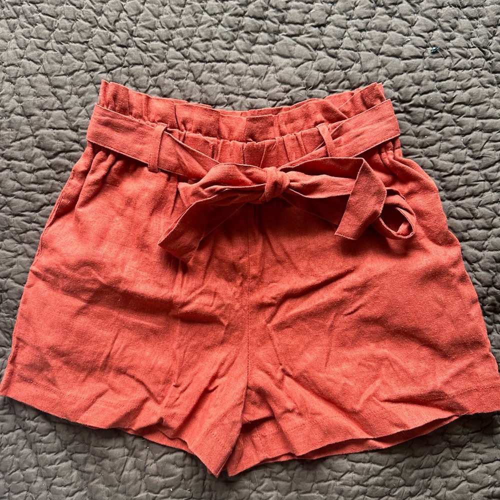 Linen Rust Tie-Waist Shorts